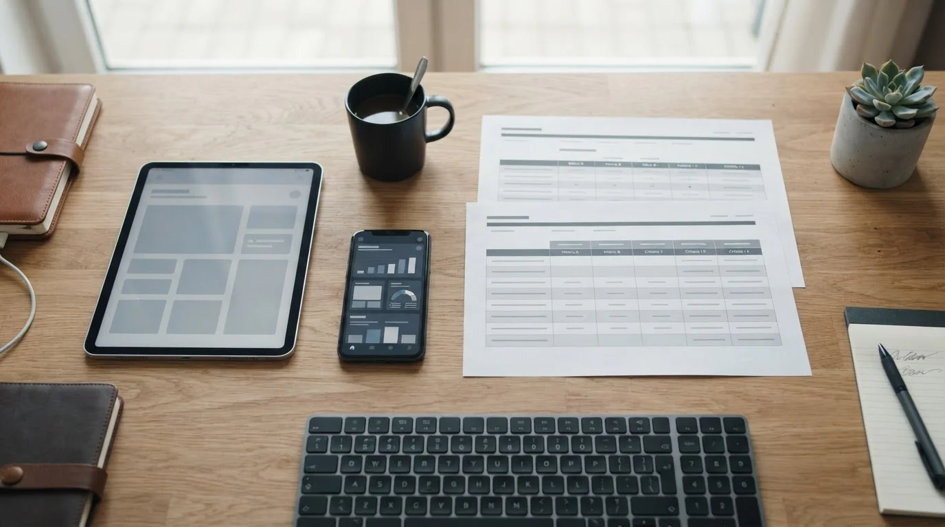 Arbeitsplatz mit mehreren Geräten für den Vergleich von Wettanbietern