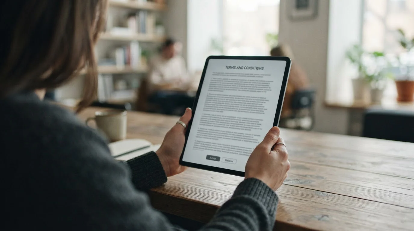 Person liest Bonusbedingungen auf Tablet-Bildschirm