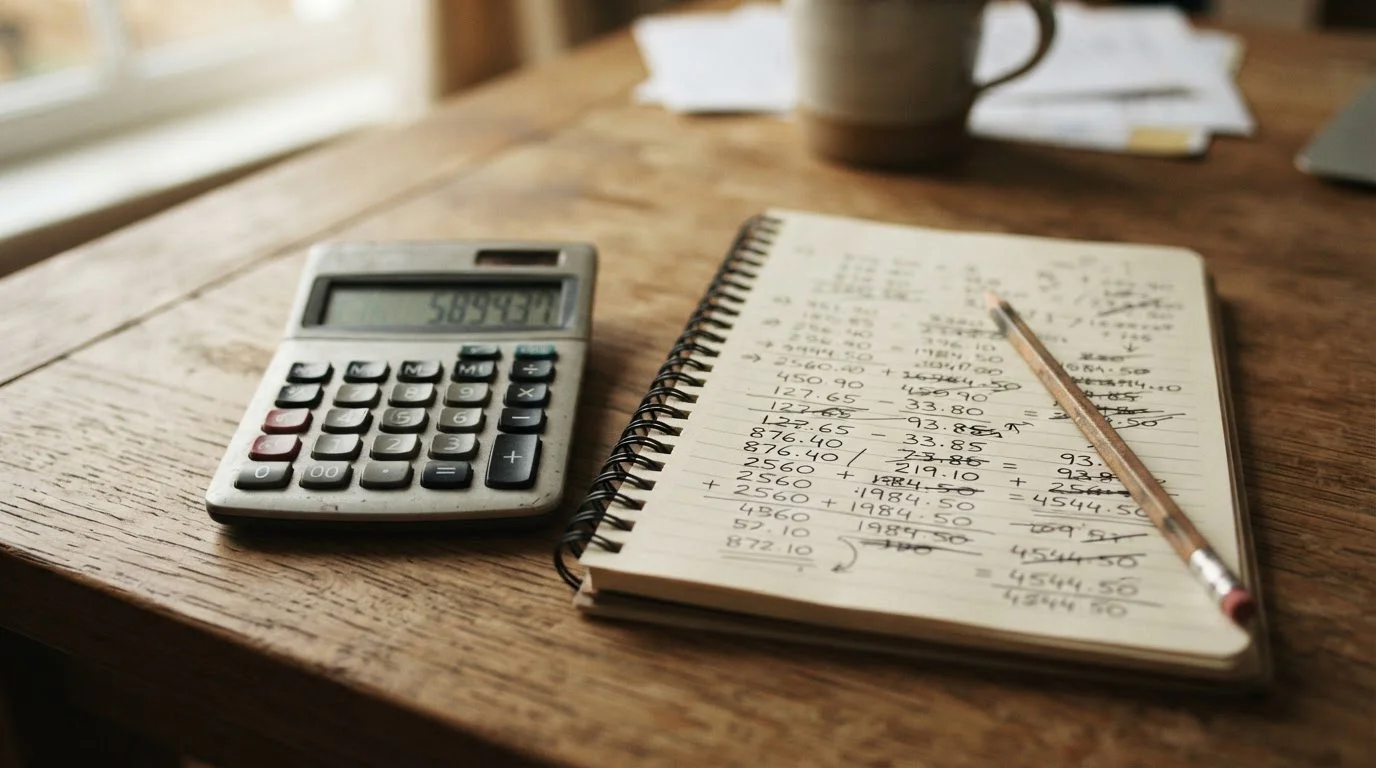 Taschenrechner und handschriftliche Rechenbeispiele zeigen die Mathematik hinter Wettbonus-Bedingungen