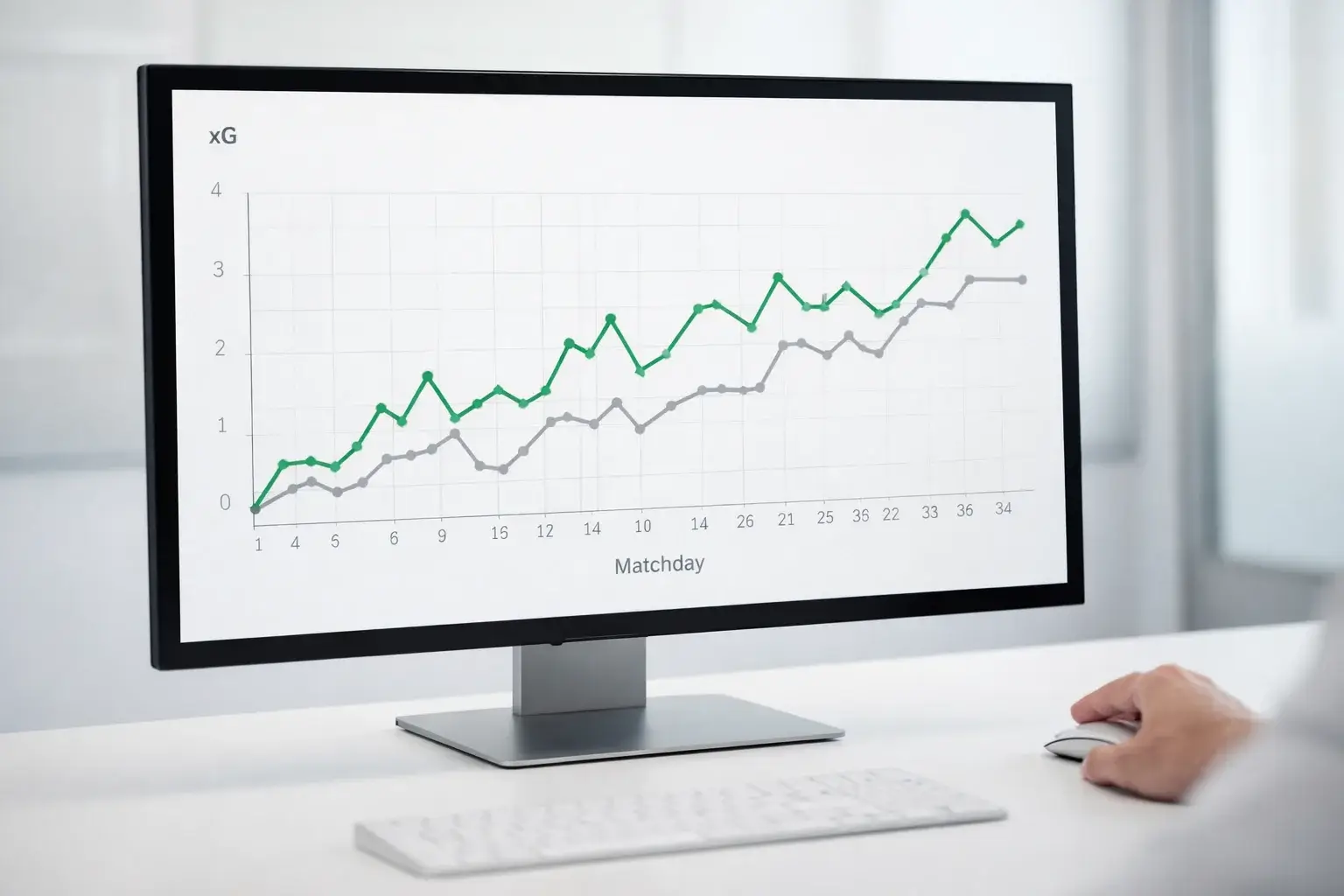 Bildschirm mit Fußball-Statistiken und xG-Daten — Datenanalyse als Basis für Bundesliga-Langzeitwetten