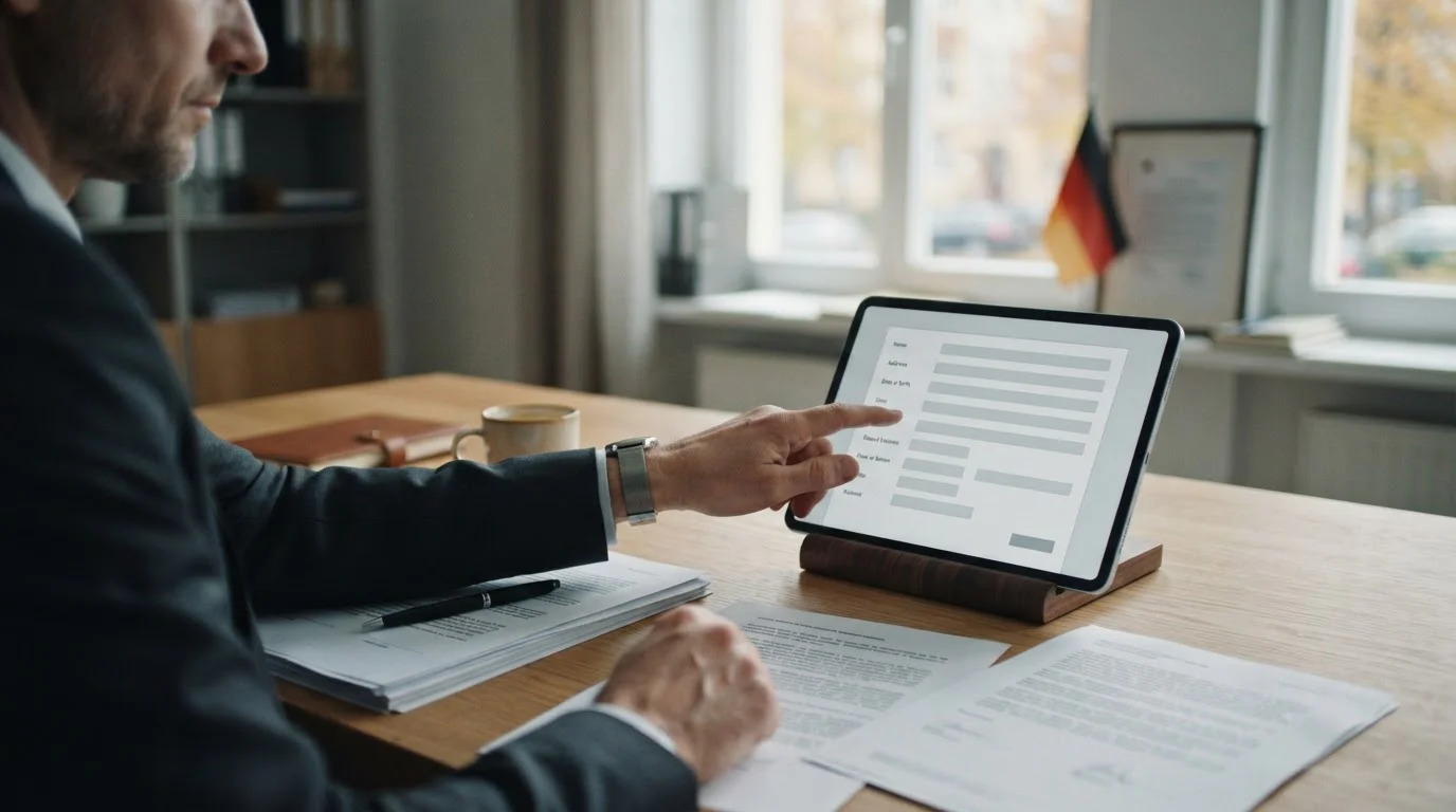 Offizielle Dokumente und Tablet mit Registrierungsprozess