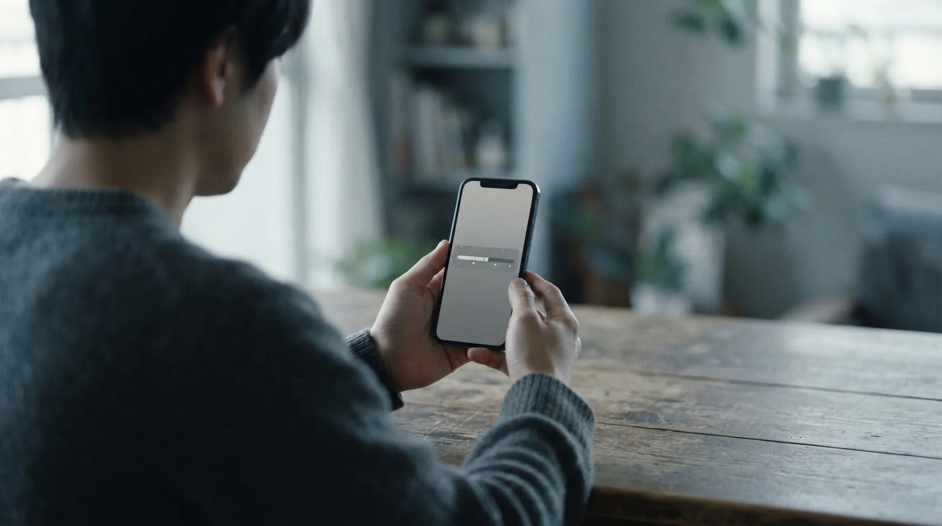 Hand hält Smartphone während App-Installation mit neutralem Download-Bildschirm