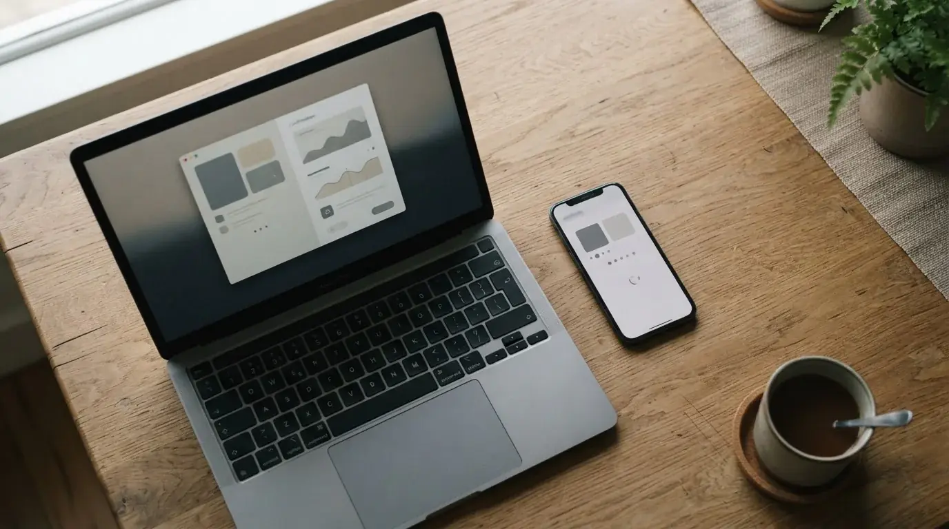 Smartphone mit abstrakter Zahlungsbestätigung neben aufgeklapptem Laptop auf Holztisch