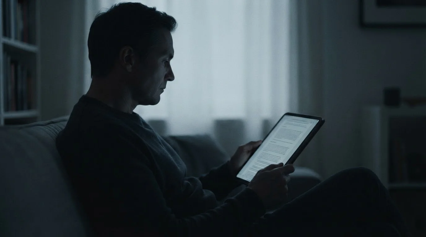 Person liest Regulierungsbestimmungen und Nutzungsbedingungen auf Tablet in gedämpftem Licht