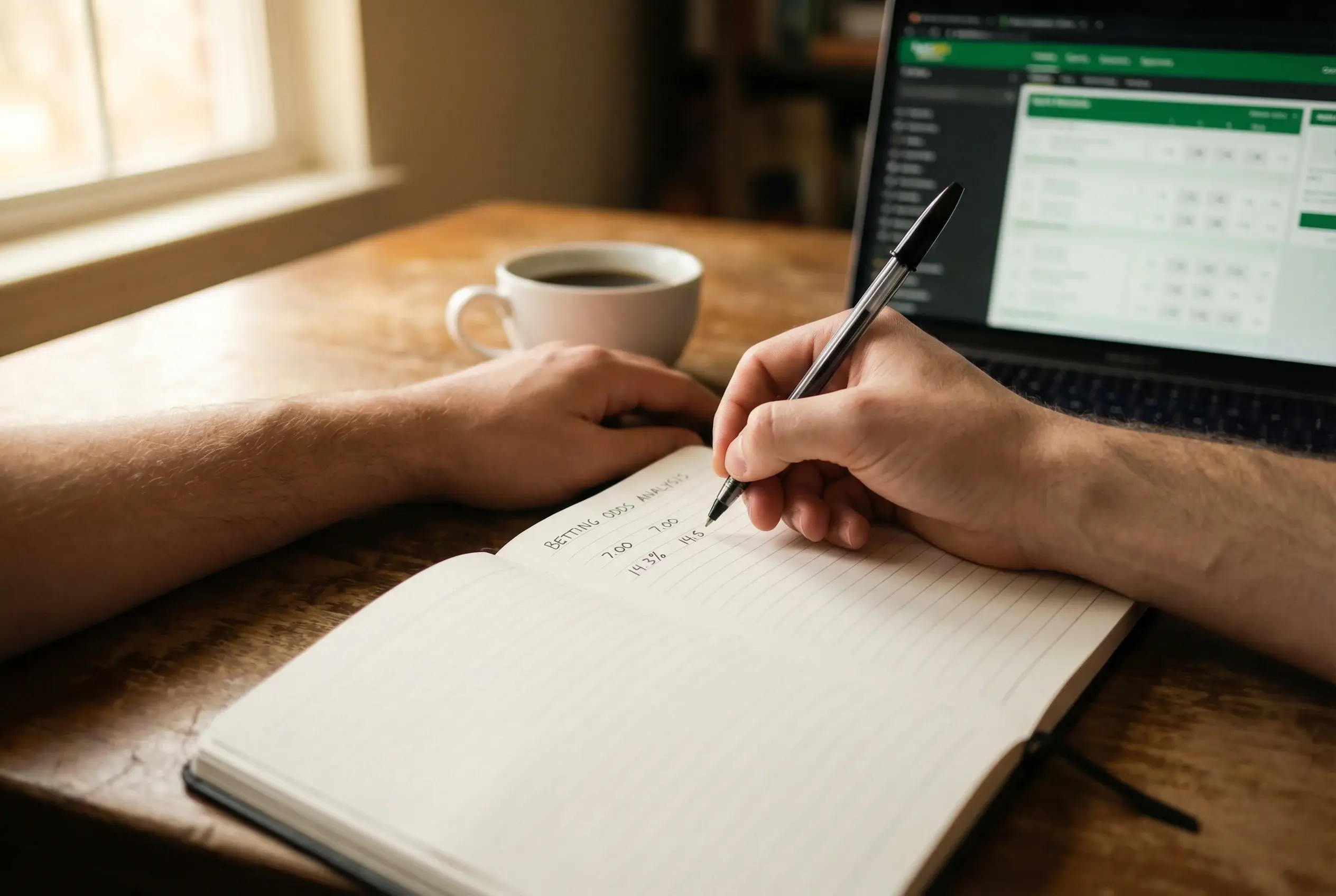 Person analysiert Sportwetten-Quoten auf einem Laptop mit Notizblock daneben — Quotenanalyse für Bundesliga-Langzeitwetten