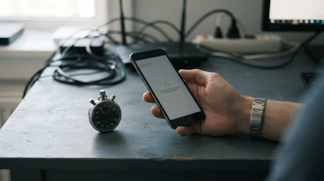 Hand hält Smartphone mit Stoppuhr und Datenverbrauchsanzeige im Hintergrund