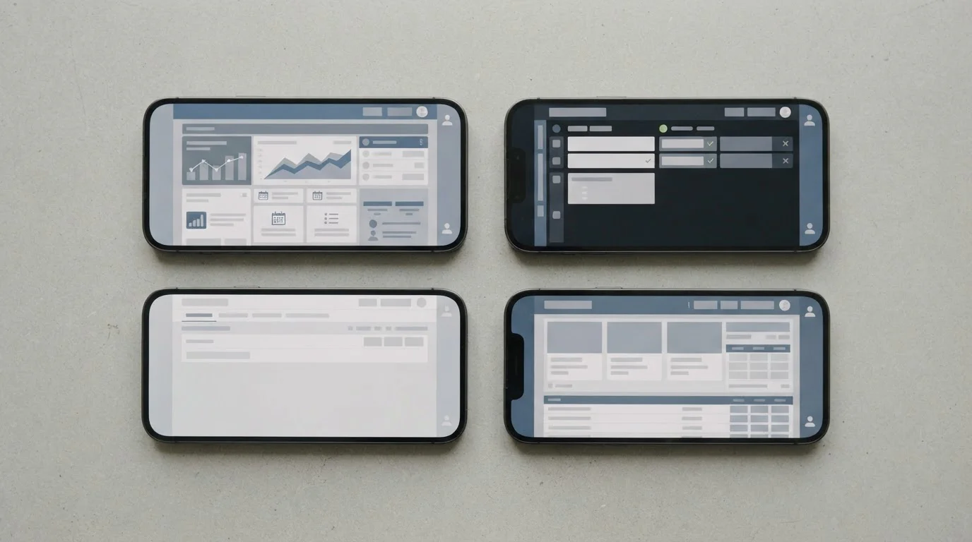 Mehrere Smartphones nebeneinander mit verschiedenen neutralen App-Oberflächen