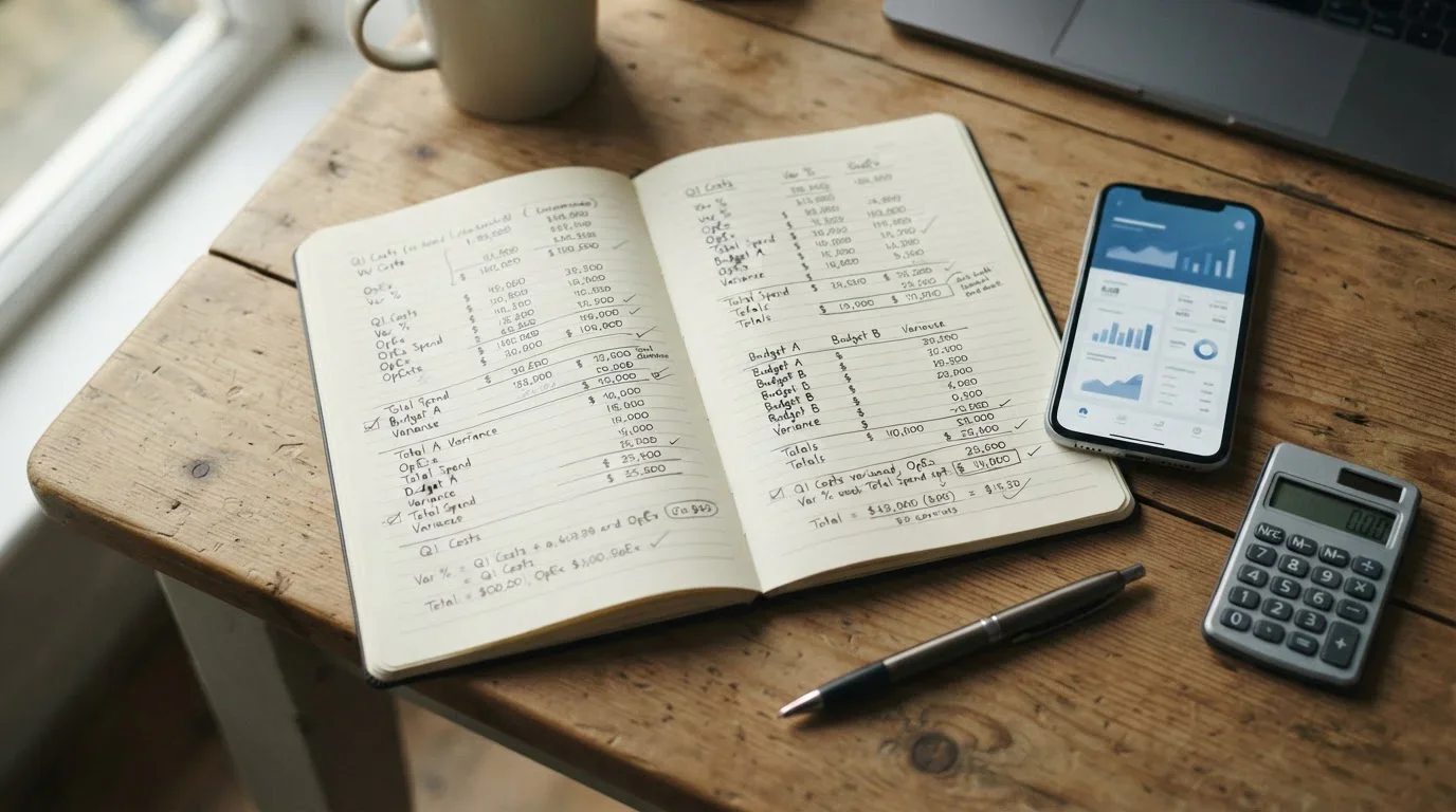 Notizbuch mit handschriftlichen Berechnungen neben Smartphone und Taschenrechner