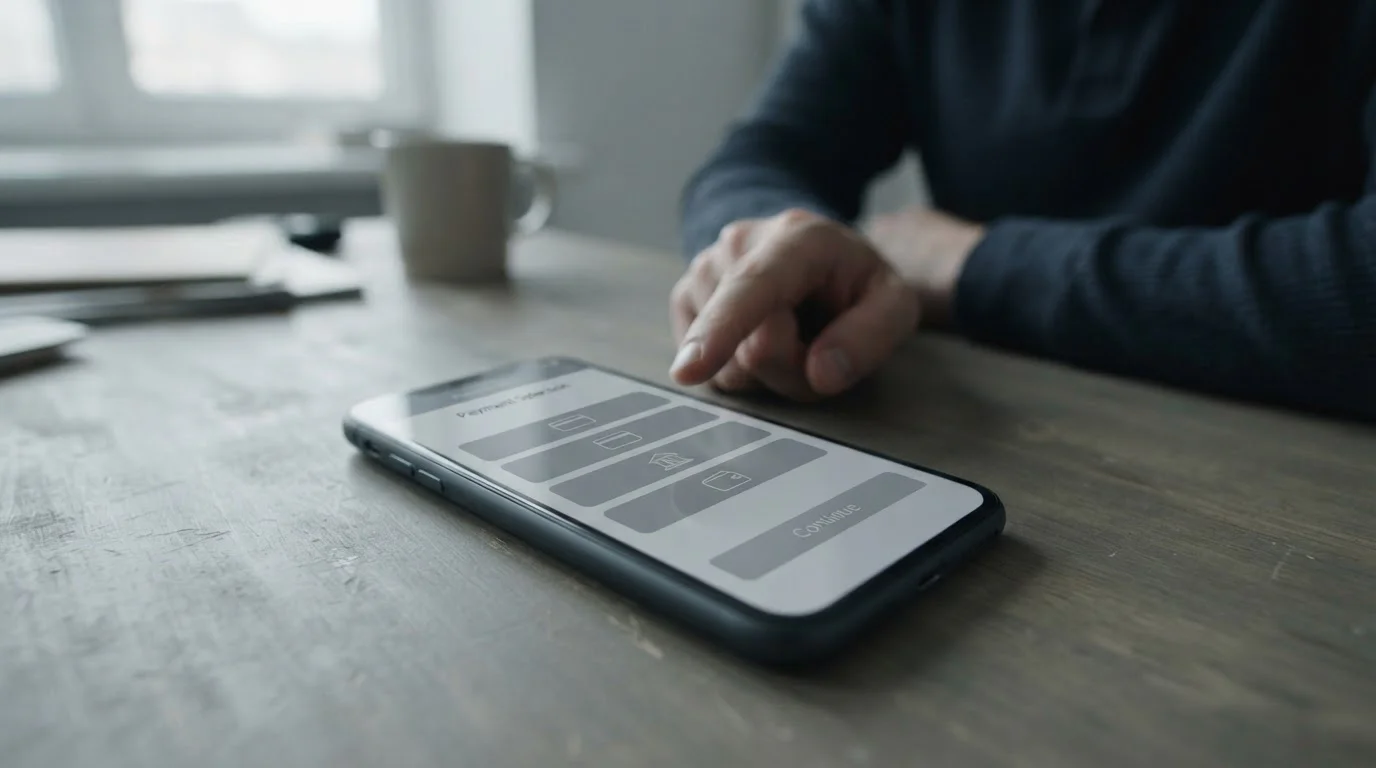 Smartphone mit abstrakten Zahlungsoptionen in einer Wettanbieter-Anwendung