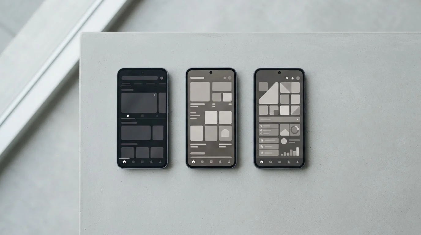 Mehrere Smartphones nebeneinander zeigen verschiedene App-Interfaces im Vergleich