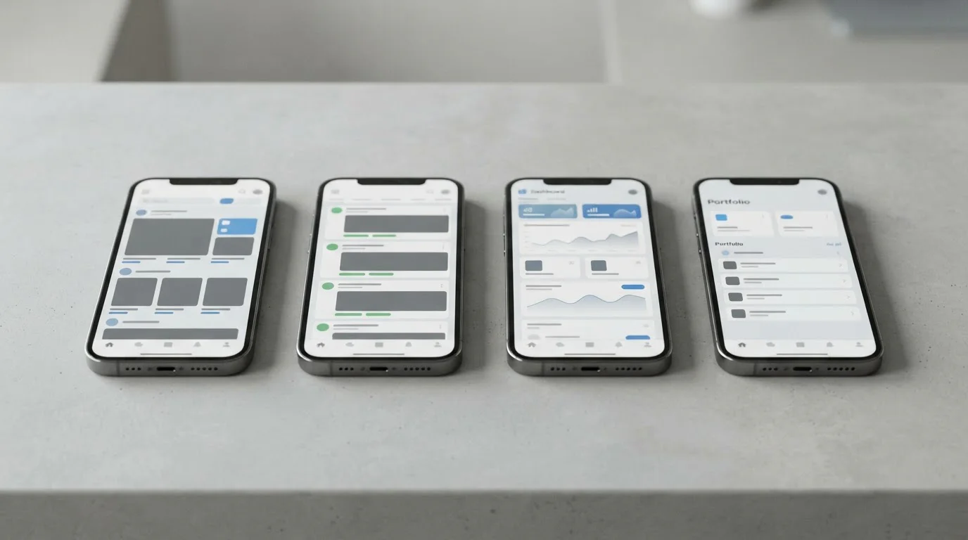 Mehrere Smartphones nebeneinander mit unterschiedlichen App-Oberflächen im Vergleich