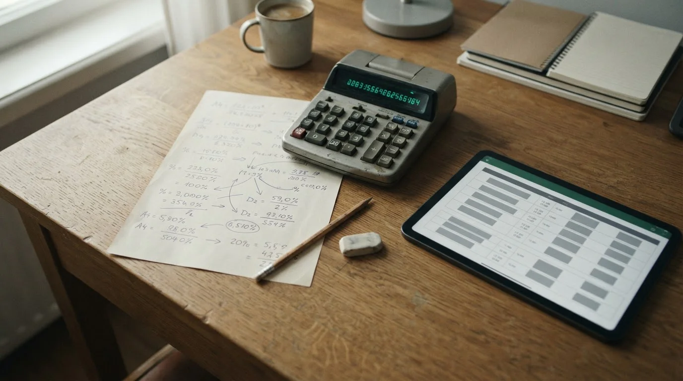 Margenberechnung und Quotenanalyse mit Taschenrechner auf Papier
