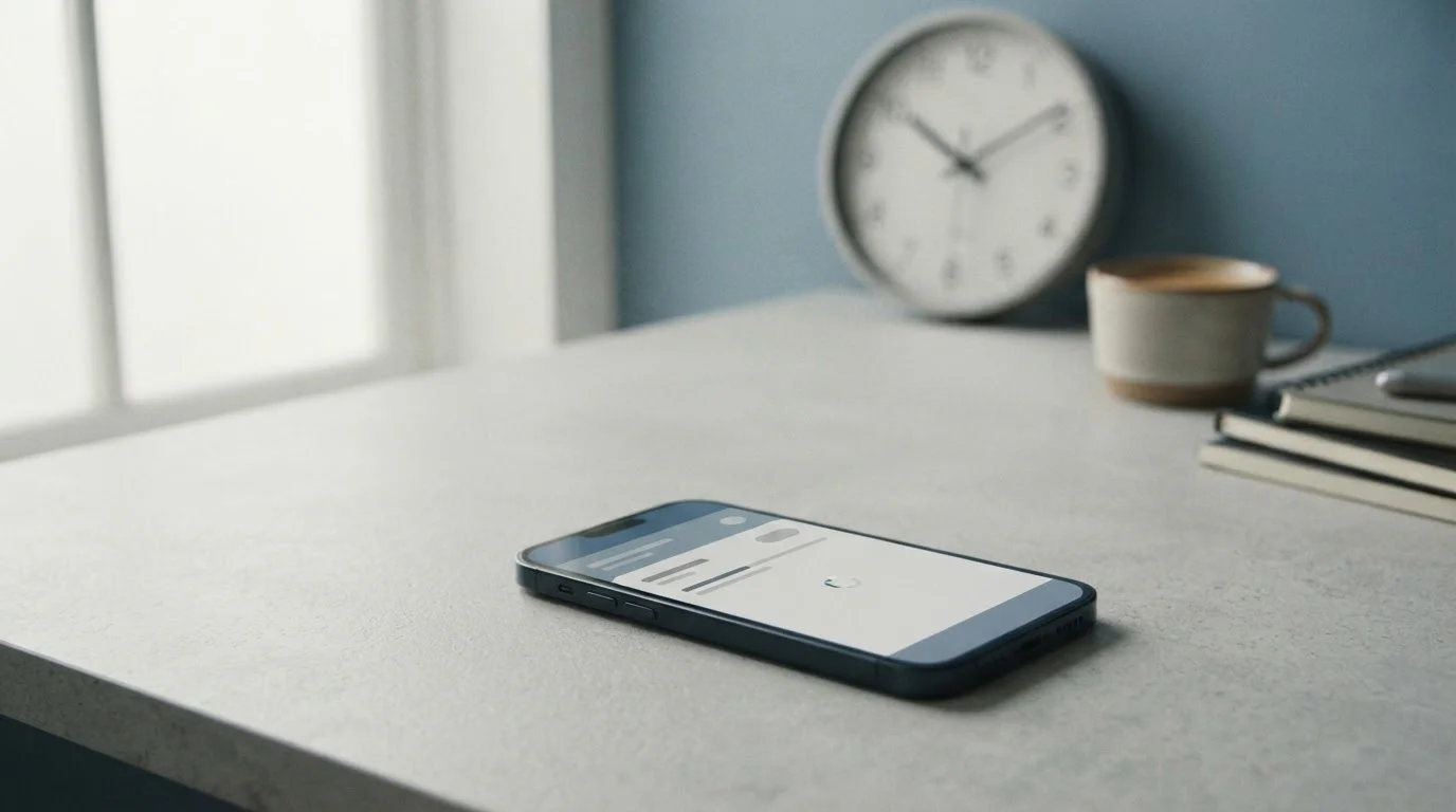 Smartphone mit Zeitanzeige neben abstraktem Zahlungsstatus
