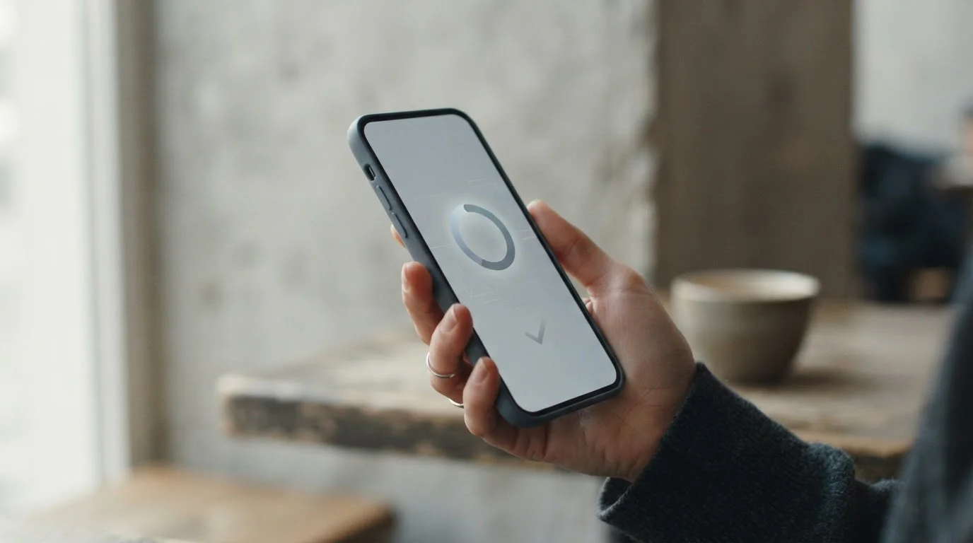 Smartphone mit digitaler Zahlungsabwicklung auf neutraler Oberfläche