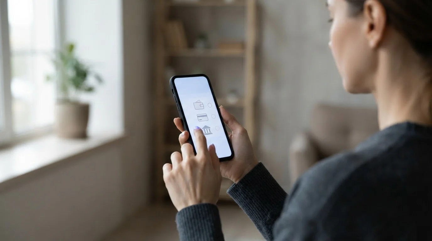 Smartphone mit abstraktem Zahlungsmenü zeigt verschiedene Einzahlungsoptionen